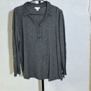 I Jill Long Sleeve Striped Large Polo Shirt - Gray/Black